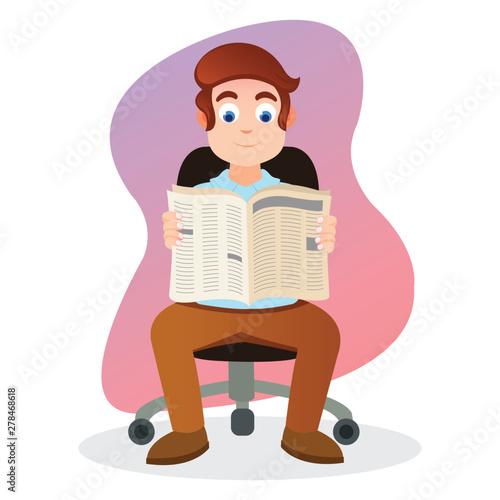 Illustration of young man reading a newspaper in the office