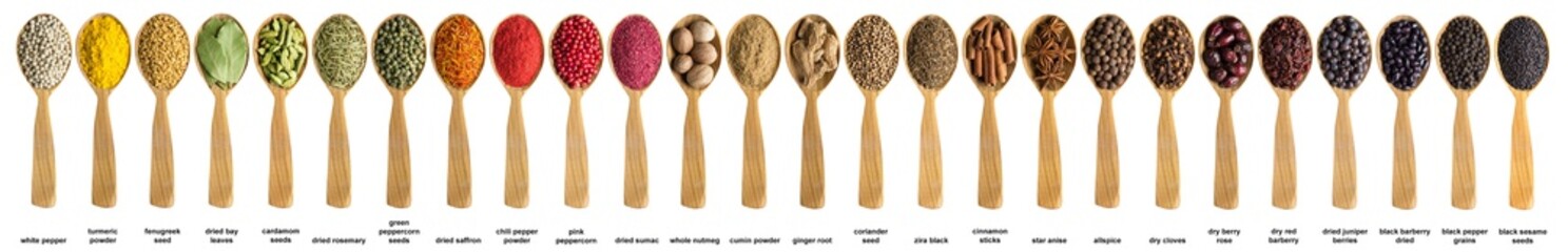 Various spices and herbs poured into a wooden spoon. Seasonings for food isolated on white background.