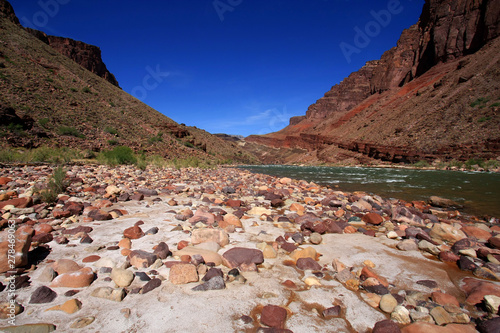 Colorful boulder beach at Hance Rapids in Grand Canyon National Park, Arizona.