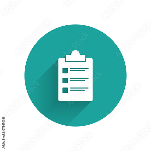 White Clipboard with checklist icon isolated with long shadow. Control list symbol. Survey poll or questionnaire feedback form. Green circle button. Vector Illustration
