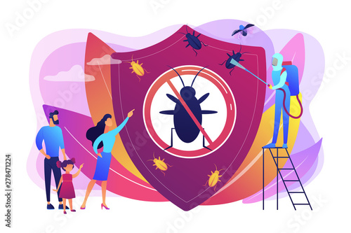 Sanitary domestic disinfection. Chemical treatment insects. Home pest insects control, vermin exterminator service, insect thrips equipment concept. Bright vibrant violet vector isolated illustration