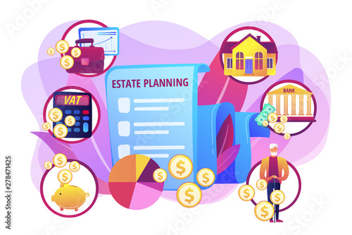 Financial analysis and budgeting. Property taxes and expenses. Estate planning, real estate assets control, keep documents in order concept. Bright vibrant violet vector isolated illustration