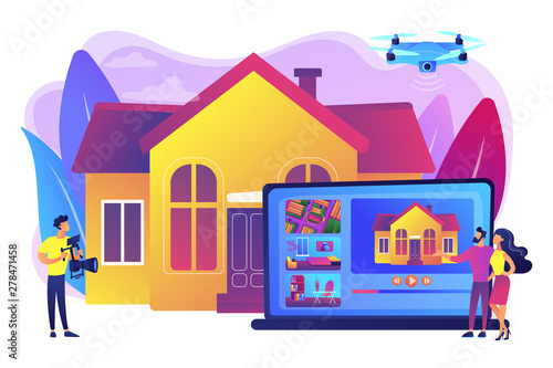 Couple watching house tour. Professional aerial property video. Real estate video tour, real estate marketing, real estate drone video concept. Bright vibrant violet vector isolated illustration