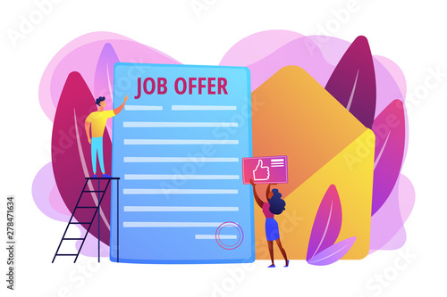 Successful business deal. Employee hiring, recruiting service. Job offer letter, international volunteer program, permanent contract concept. Bright vibrant violet vector isolated illustration