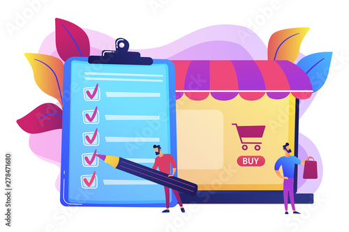 Man doing purchases from shopping list. Customer with package, buying goods. Purchase agreement, in-app purchase, buying process concept. Bright vibrant violet vector isolated illustration photo