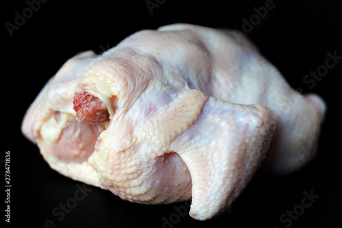 chicken broiler on a dark background, fresh raw chicken carcass 
