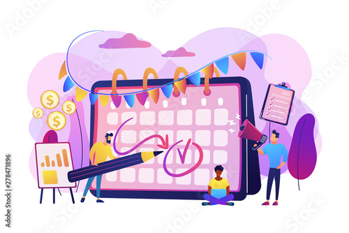 Colleagues preparing for corporate party. Time management, deadline. Brand event. Event brand management, sponsored event organization concept. Bright vibrant violet vector isolated illustration