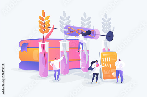Agricultural genetics. Plants growing in test tube. Scientists breeding artificial crop. Genetically modified plants, GM crops, biotech crops concept. Vector isolated concept creative illustration