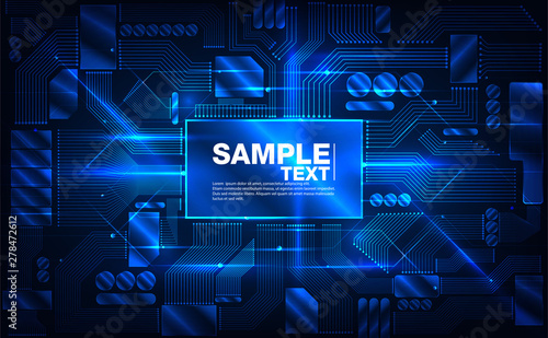 CPU chip and circuit board connection. Blue microprocessor background. Computer motherboard. Bright connections. Abstract light technology. Trendy vector illustration.