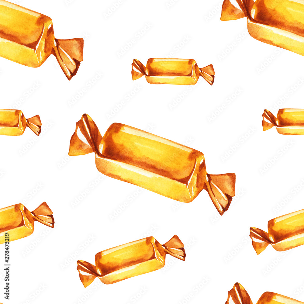 Seamless pattern with chocolate candy in gold foil. Use for textile