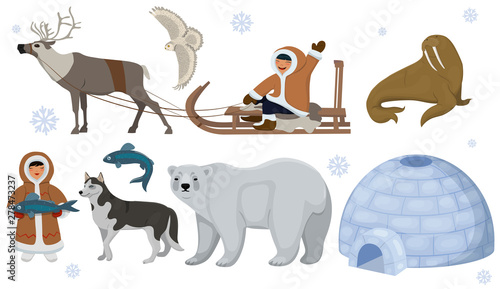 Set of ethnic Eskimos with polar animals. Polar owl, bear, walrus, deer. Vector illustration isolated on white background.