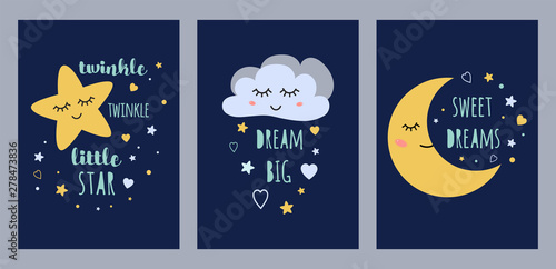 Dream sleep cards set for baby design Cute sleepy moon star cloud kids character vector