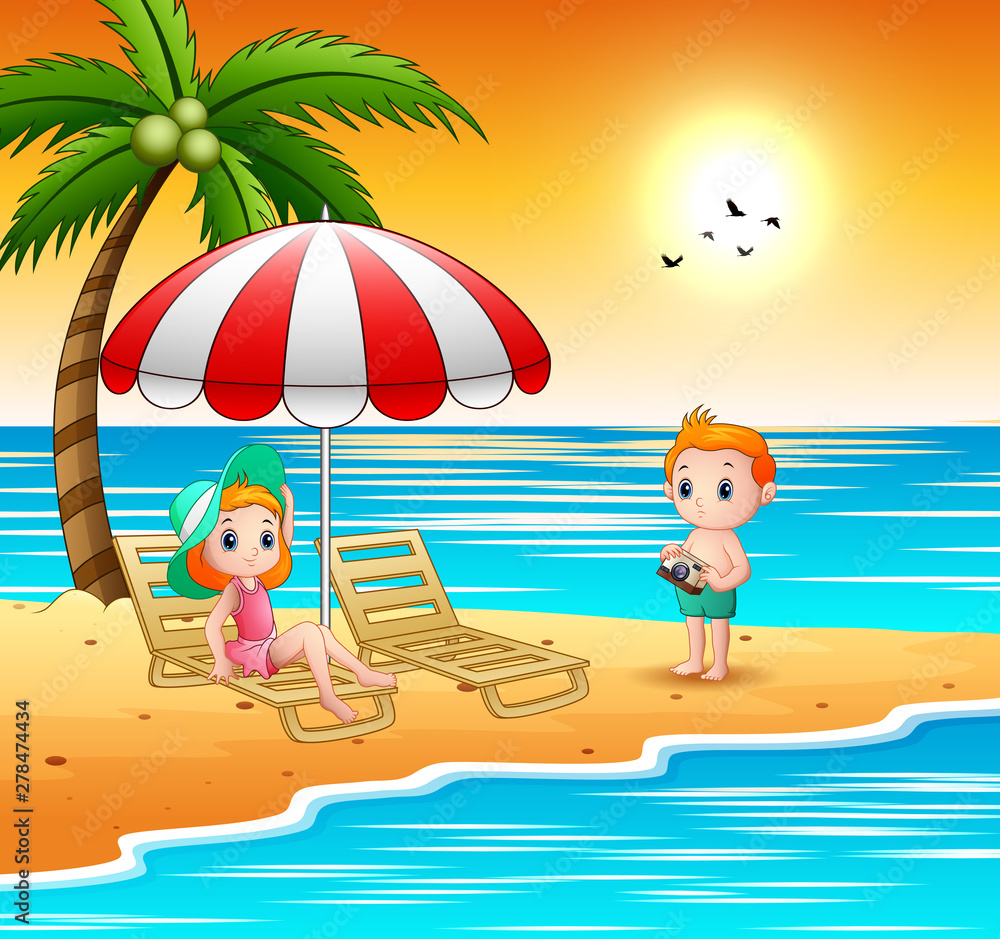 Cartoon children relax at the beach