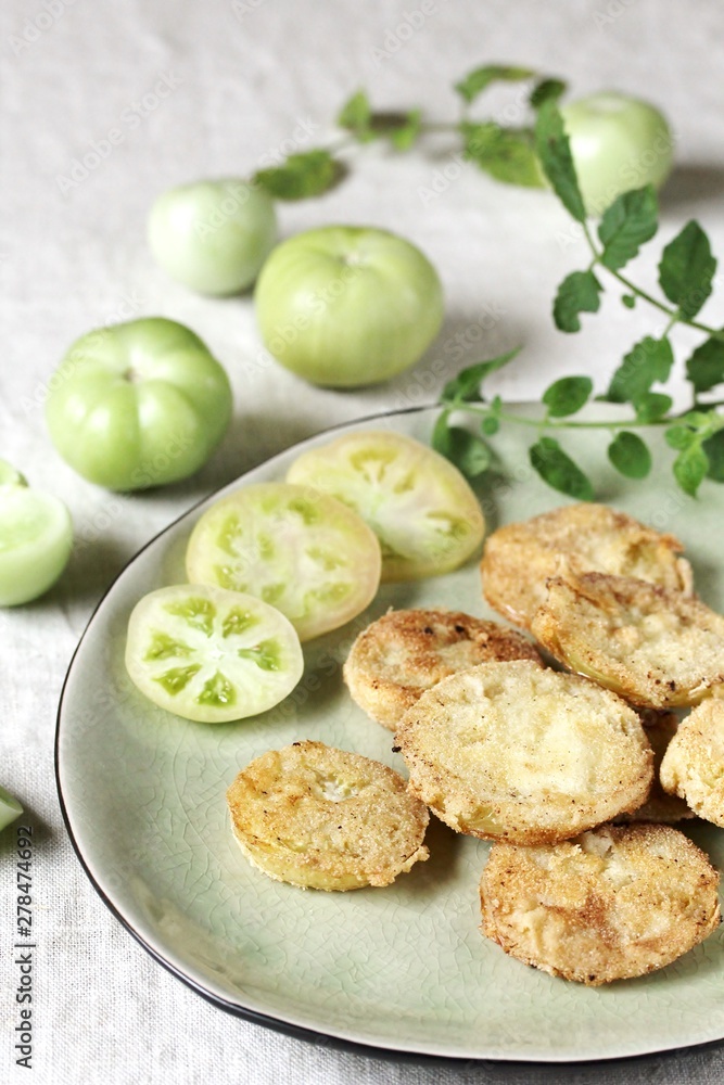 with fried green tomato. close-up. autumn dish. popular in America