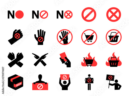 Boycott icon set. Included icons as protest, ban, no, reject, protester, forbidden and more.