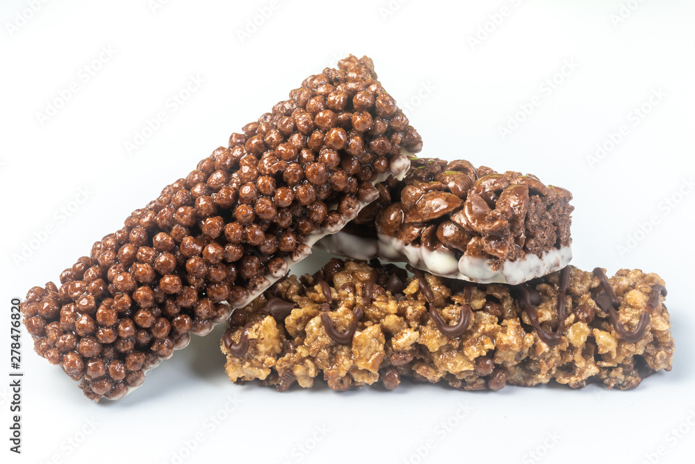 Three Varieties of Chocolate Breakfast Bar on white background. Shallow Depth of field Three Varieties of Chocolate Breakfast Bar on white background. Shallow Depth of field