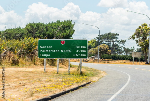 Foxton, New Zealand - December 15, 2017: Road sign on State Highway One just outside of Foxton on the way to Taupo.