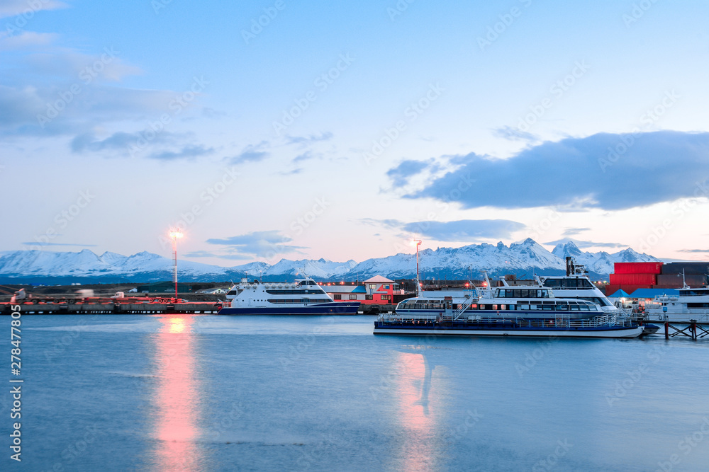 A view of Ushuaia and mountains in winter.