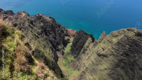 Version One. Aerial Drone Descending into the Na Pali Coast Mountains and Kalalau Valley in Hawaii. photo