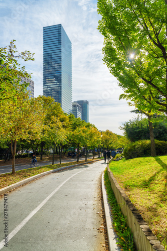 Awesome autumn view of scenic boulevard in Yeouido Park, Seoul