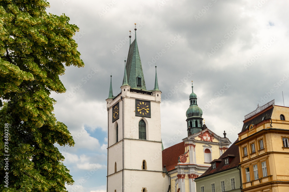 Fototapeta premium Kamenna vez (Stony tower) with clocks of the Church of All Saints in Litomerice