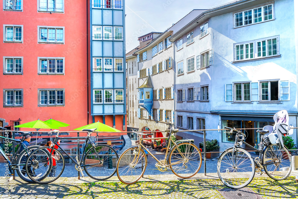Bicycles parked on the street in the old town of Zurich, Switzerland