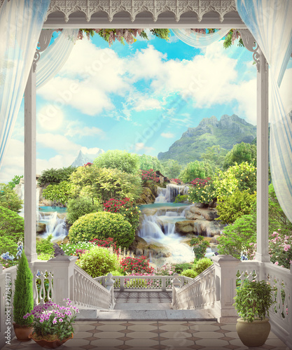 Beautiful view from the balcony on the waterfall. Digital fresco photo