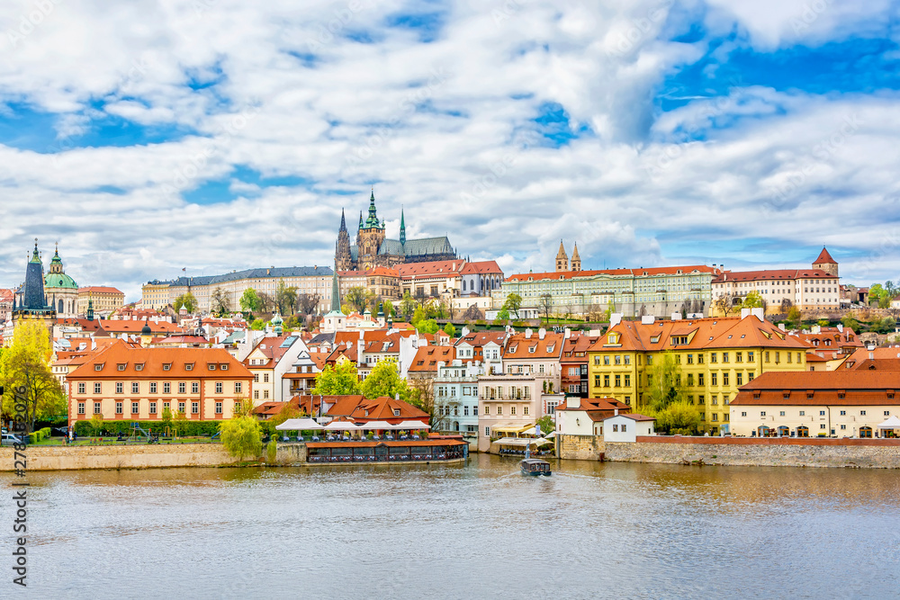 View of the Prague Castle and St. Vitus Cathedral from the Vltava River, Bohemia, Prague, Czech Republic