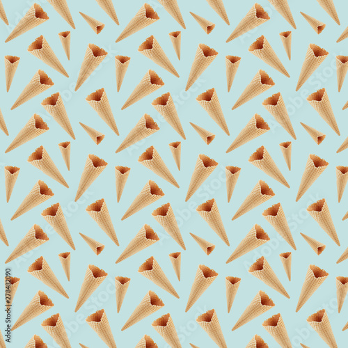 Empty crumble waffle ice cream cones as seamless decorative random pattern on soft light pastel green background.