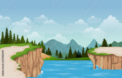 Mountain Valley Cliff Tree Nature Landscape Vector Illustration