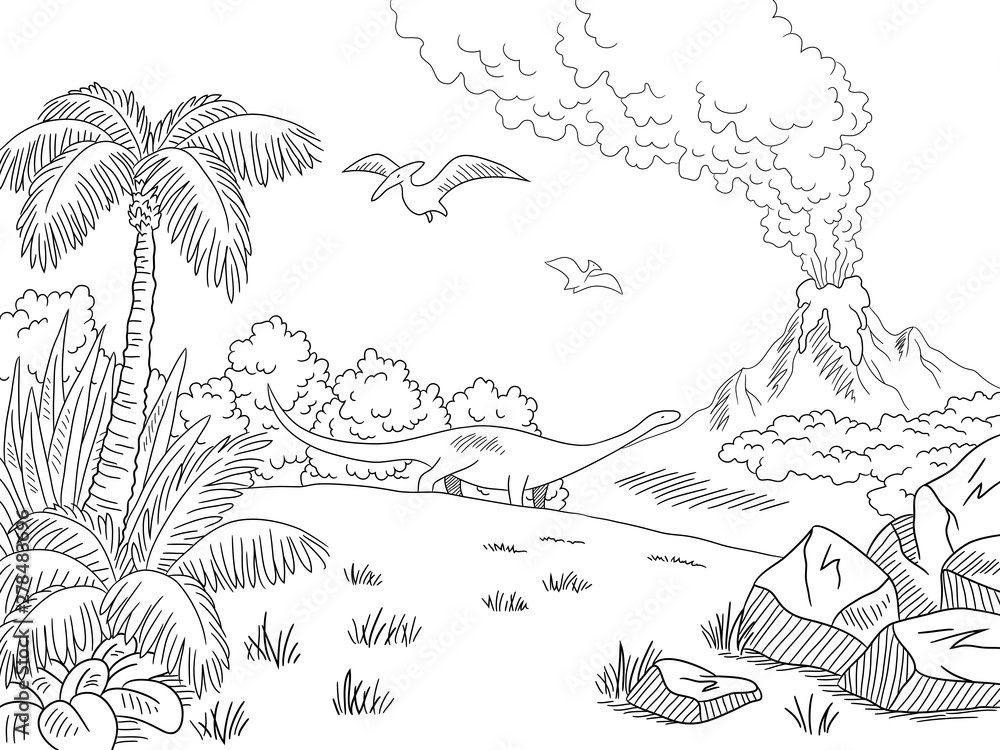 Dinosaur landscape graphic black white sketch illustration vector Stock ...