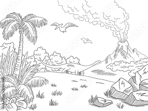 Dinosaur landscape graphic black white sketch illustration vector