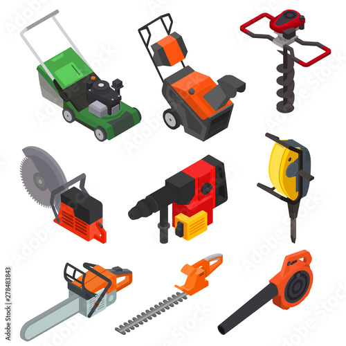 Power tools vector electric construction equipment circular-saw lawn mower power-planer illustration isometric set of electric jig-saw grass-cutter isolated on white background