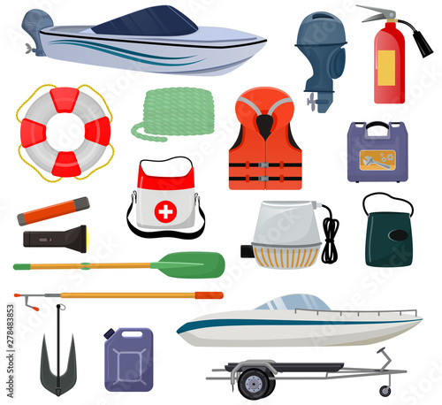 Boat equipment vector motorboat yacht with life-vest lifebuoy anchor illustration marine set of nautical sailboat yachting or speedboat shipping transportation isolated on white background