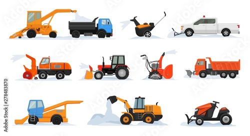 Snow removal vector winter vehicle excavator bulldozer cleaning removing snow illustration snowy set of snowplow equipment tractor truck snowblower transportation isolated on white background