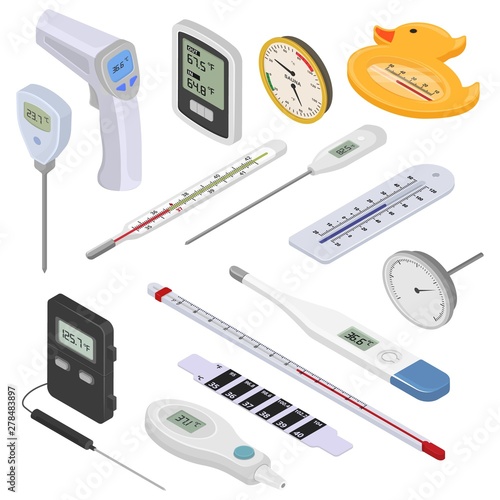 Thermometer vector tempering measurement celsius fahrenheit scale cold hot degree weather illustration isometric set of meteorology medical equipment measuring temperature isolated on white background