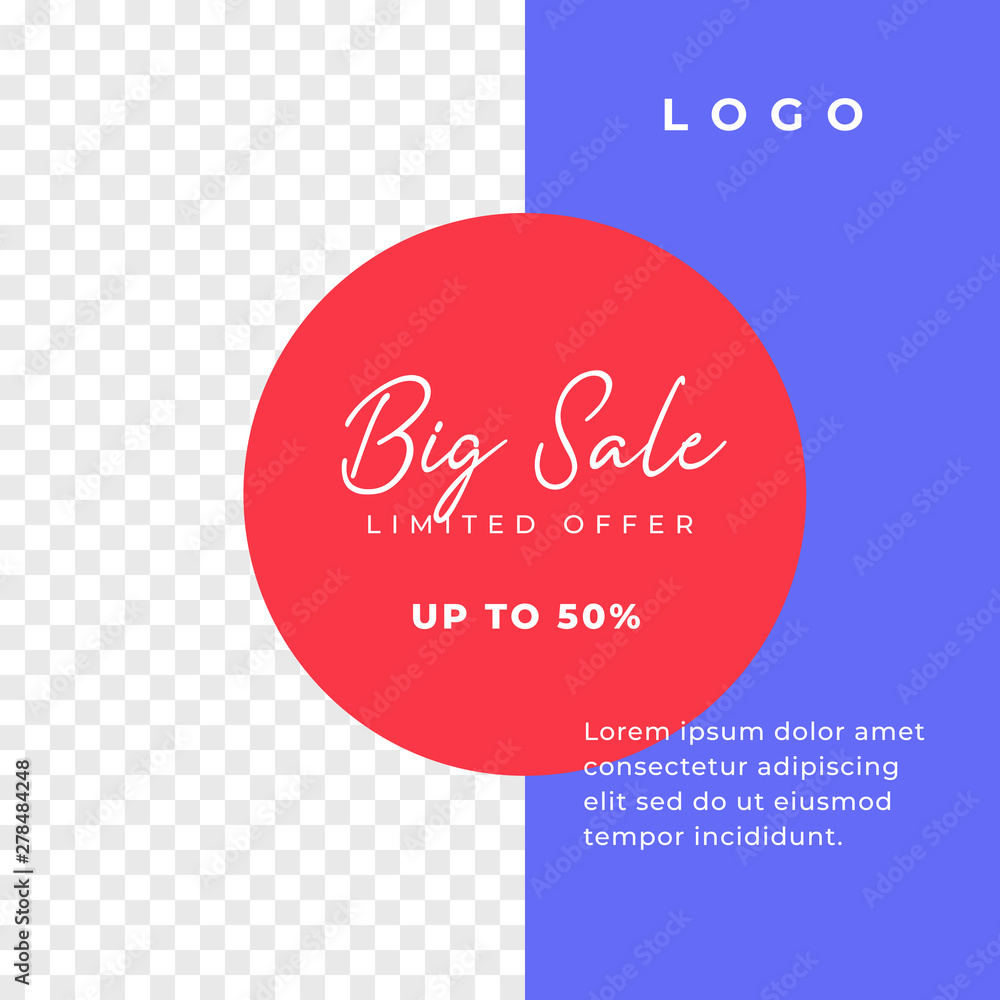 Big sale simple multipurpose social media post background template. minimal discount promotion square web banner with transparent space vector design. Big sale simple multipurpose social media post background template. minimal discount promotion square web banner with transparent space vector design.