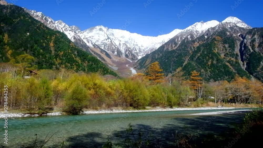 上高地の秋 紅葉と冠雪の穂高岳 上高地の秋 紅葉と冠雪の穂高岳