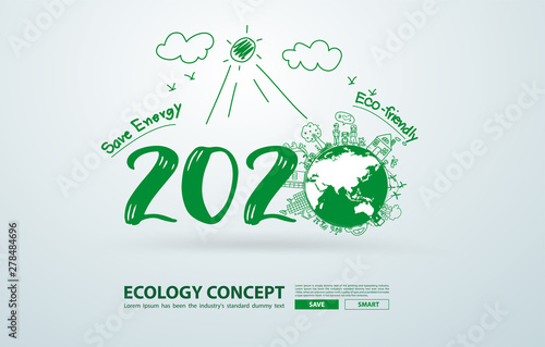 2020 new year in creative drawing environmental and eco-friendly technologies, energy saving, ecological recycling. Vector illustration layout template design