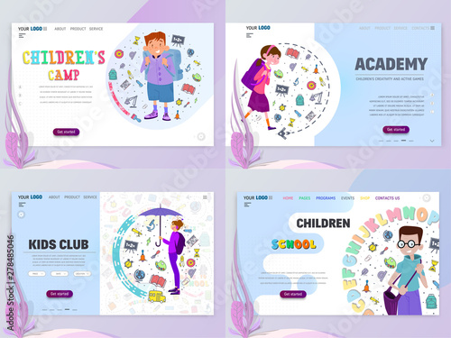 Children home page template, flat style character