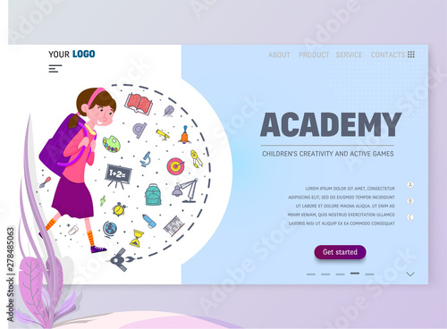 Academy for children home page template, flat style character