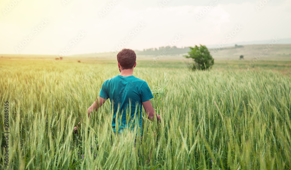Young farmer standing in wheat field.
