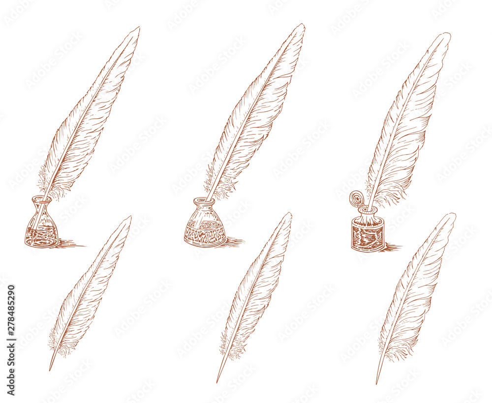 Set of quill pen and inkwell sketch. Vector image hand drawn in vintage