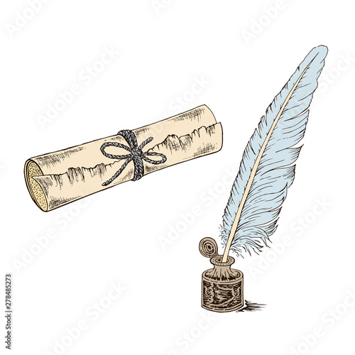 A sketch of a quill pen and inkwell. A scroll of old paper in vintage style. Vector illustration