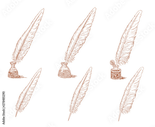 Set of quill pen and inkwell sketch. Vector image hand drawn in vintage style