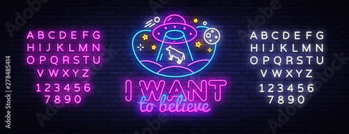UFO neon sign vector design template. Aliens neon logo, light banner design element colorful modern design trend, night bright advertising, bright sign. Vector illustration. Editing text neon sign
