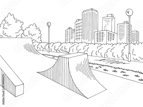 Skate park graphic black white city landscape sketch illustration vector