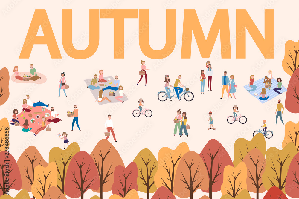Fototapeta premium Flat design of group people outdoor in the autumn park on weekend. Editable vector illustration.