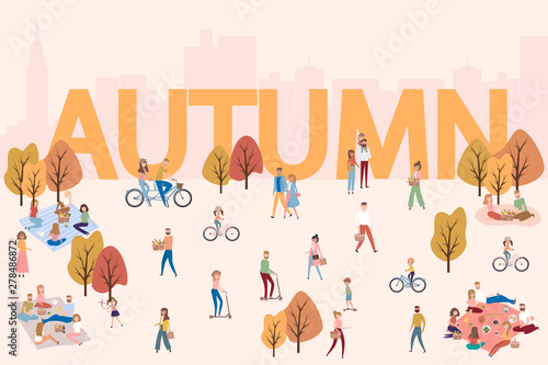 Flat design of group people outdoor in the autumn park on weekend. Editable vector illustration.