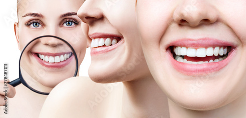 Collage of perfect female teeth closeup with text space.